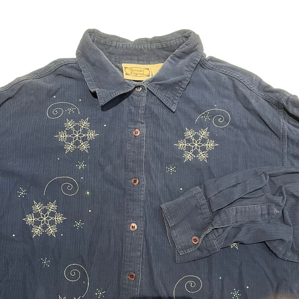 Decorated Originals Corduroy Christmas Shirt Womens XL Cotton‎ Blue Snowman